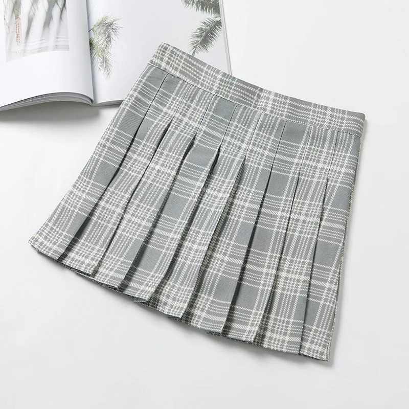 High Waist Chequered Pleated Women Summer A-Line Plus Size Skirt