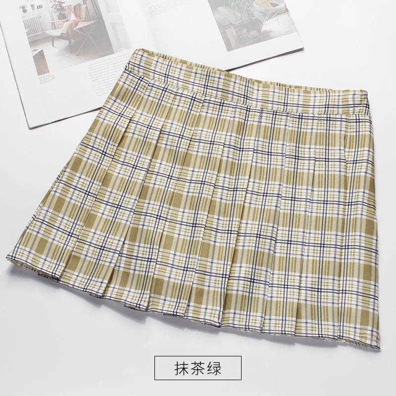High Waist Chequered Pleated Women Summer A-Line Plus Size Skirt