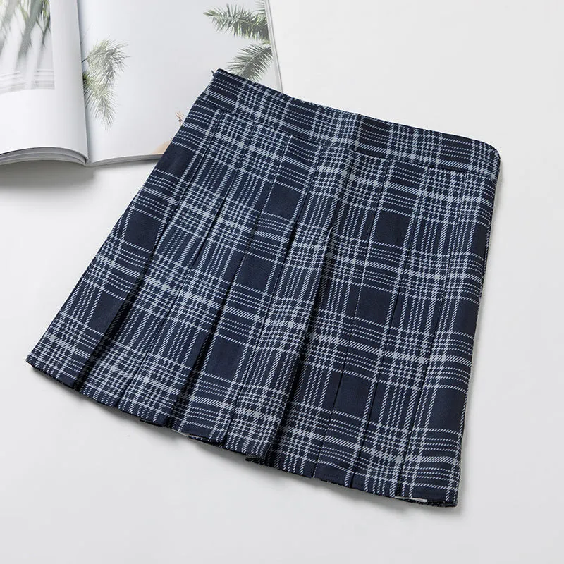 High Waist Chequered Pleated Women Summer A-Line Plus Size Skirt