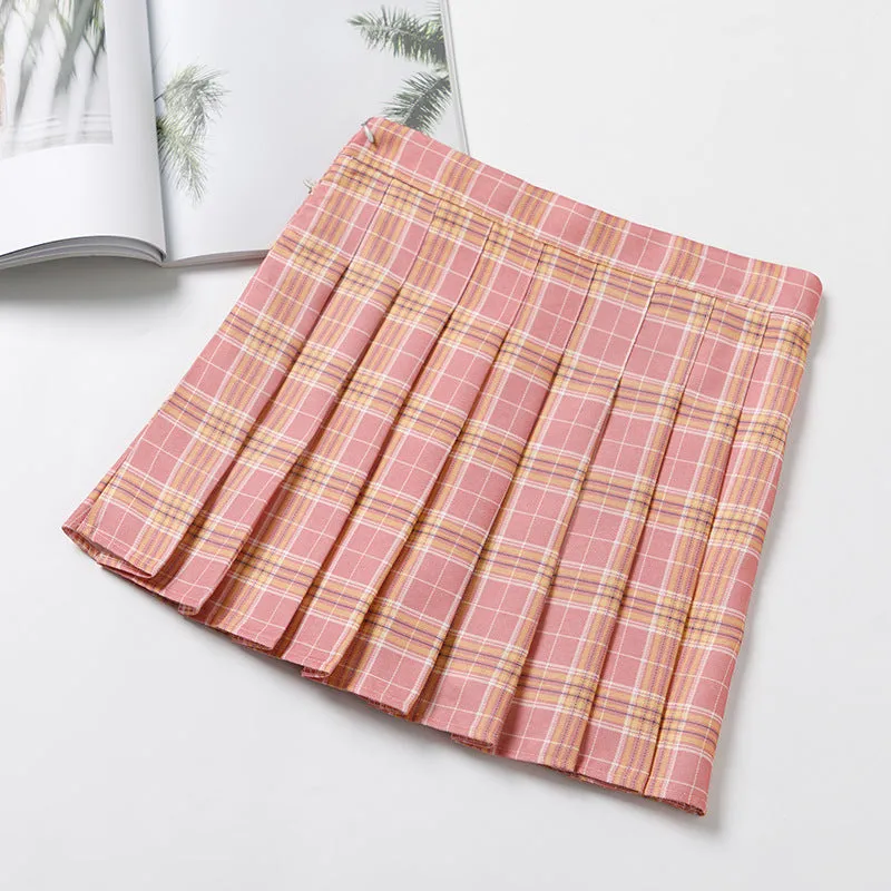 High Waist Chequered Pleated Women Summer A-Line Plus Size Skirt
