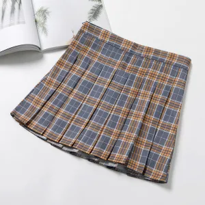 High Waist Chequered Pleated Women Summer A-Line Plus Size Skirt