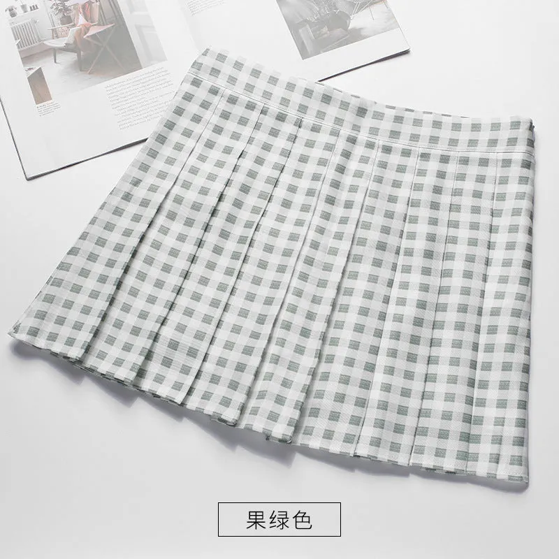 High Waist Chequered Pleated Women Summer A-Line Plus Size Skirt