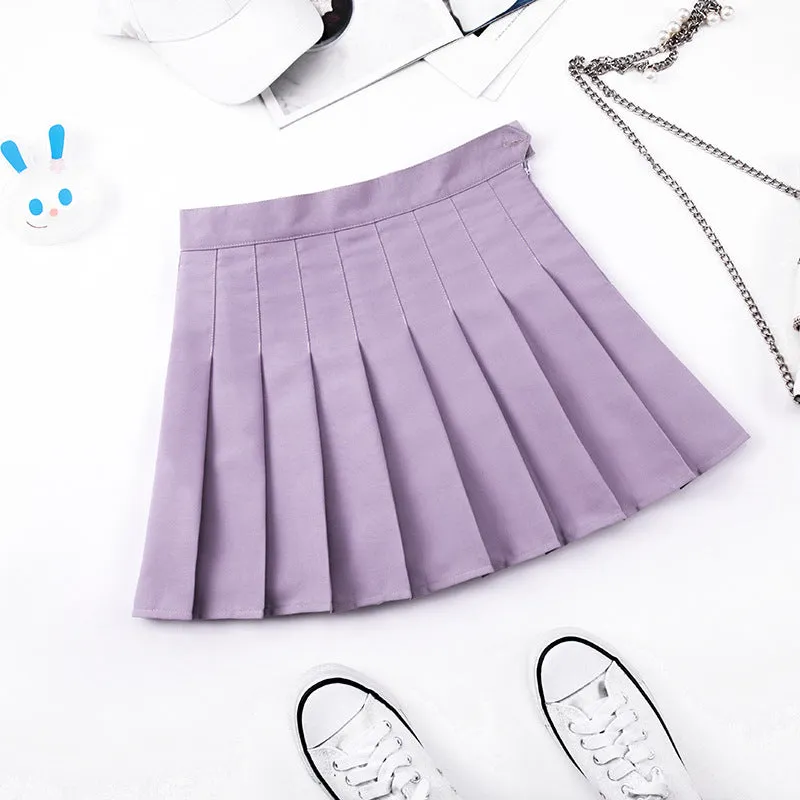 High Waist Pleated Plus Size A-Line Women Summer Purple Korean Skirt