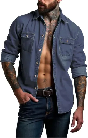 Hipster Denim Shirts for Men Big and Tall Roll up Long Sleeve Button Down Casual Dress Shirts Outdoor Lapel Solid