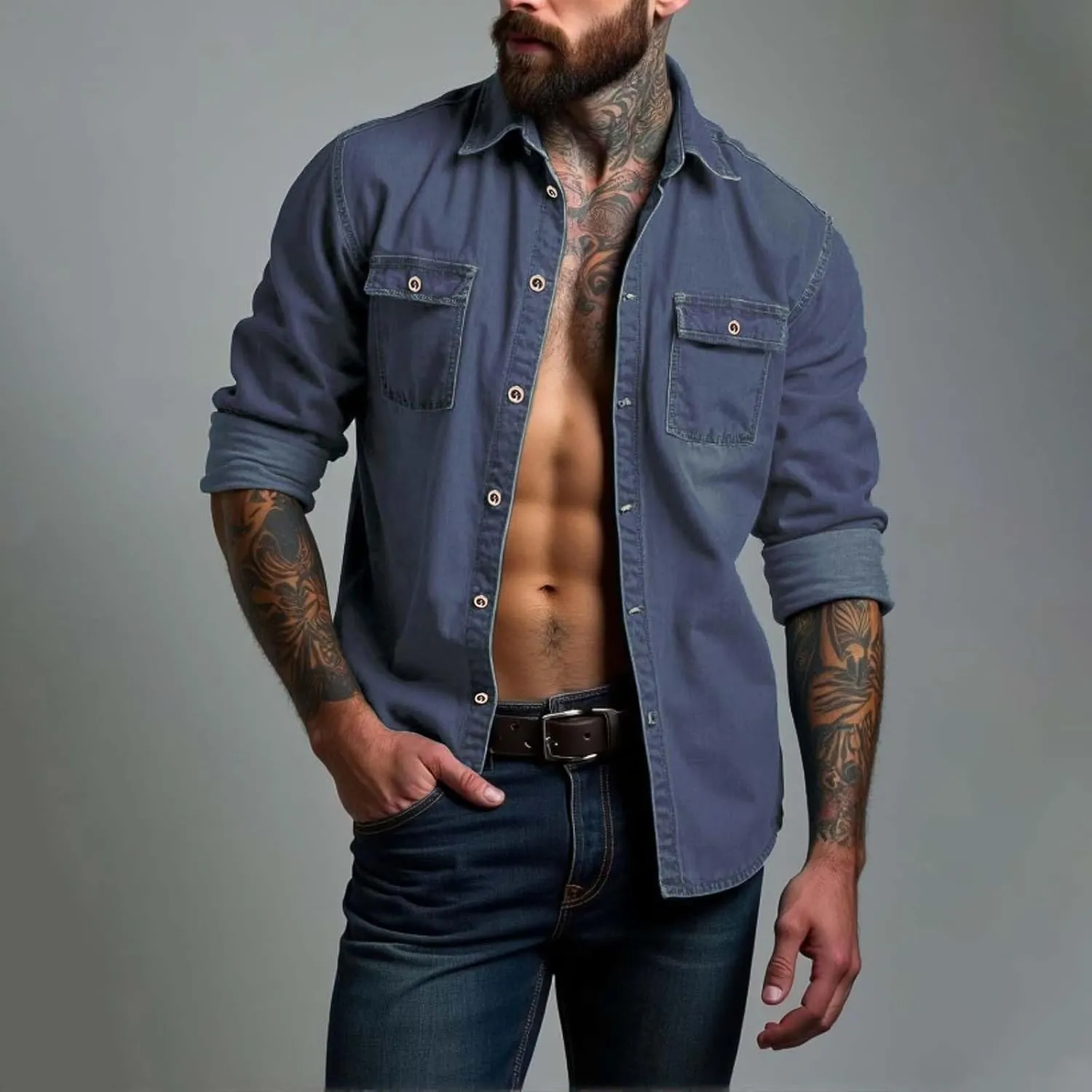 Hipster Denim Shirts for Men Big and Tall Roll up Long Sleeve Button Down Casual Dress Shirts Outdoor Lapel Solid