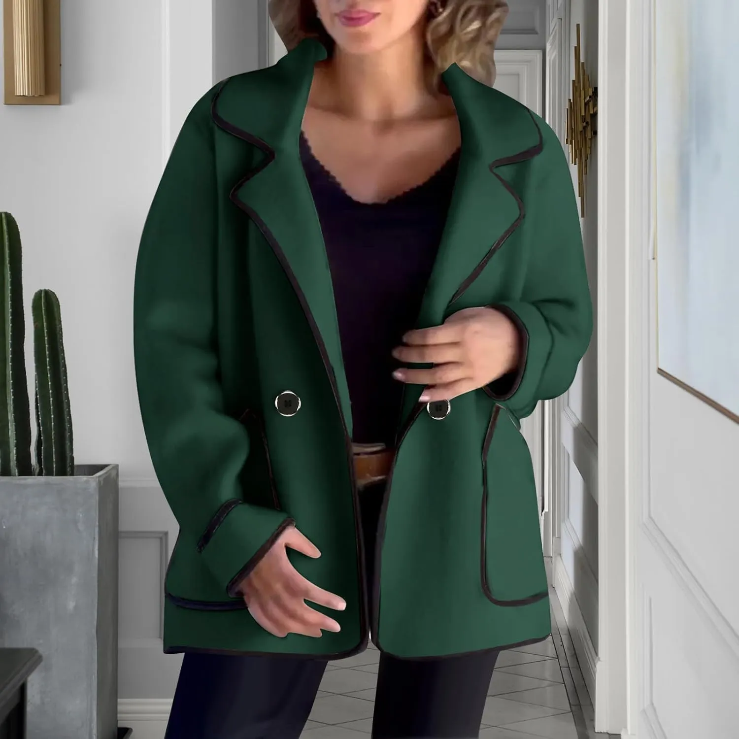 hlysgo Women's Peacoat Wool Blend Double Breasted Blazers Long Sleeve Casual Fall Jackets Spring Outwear with Pockets