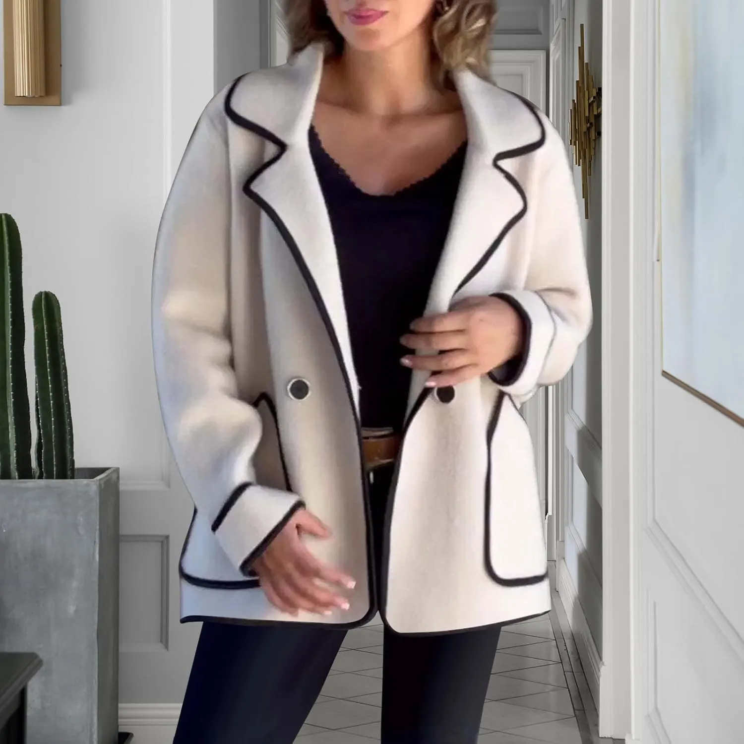 hlysgo Women's Peacoat Wool Blend Double Breasted Blazers Long Sleeve Casual Fall Jackets Spring Outwear with Pockets