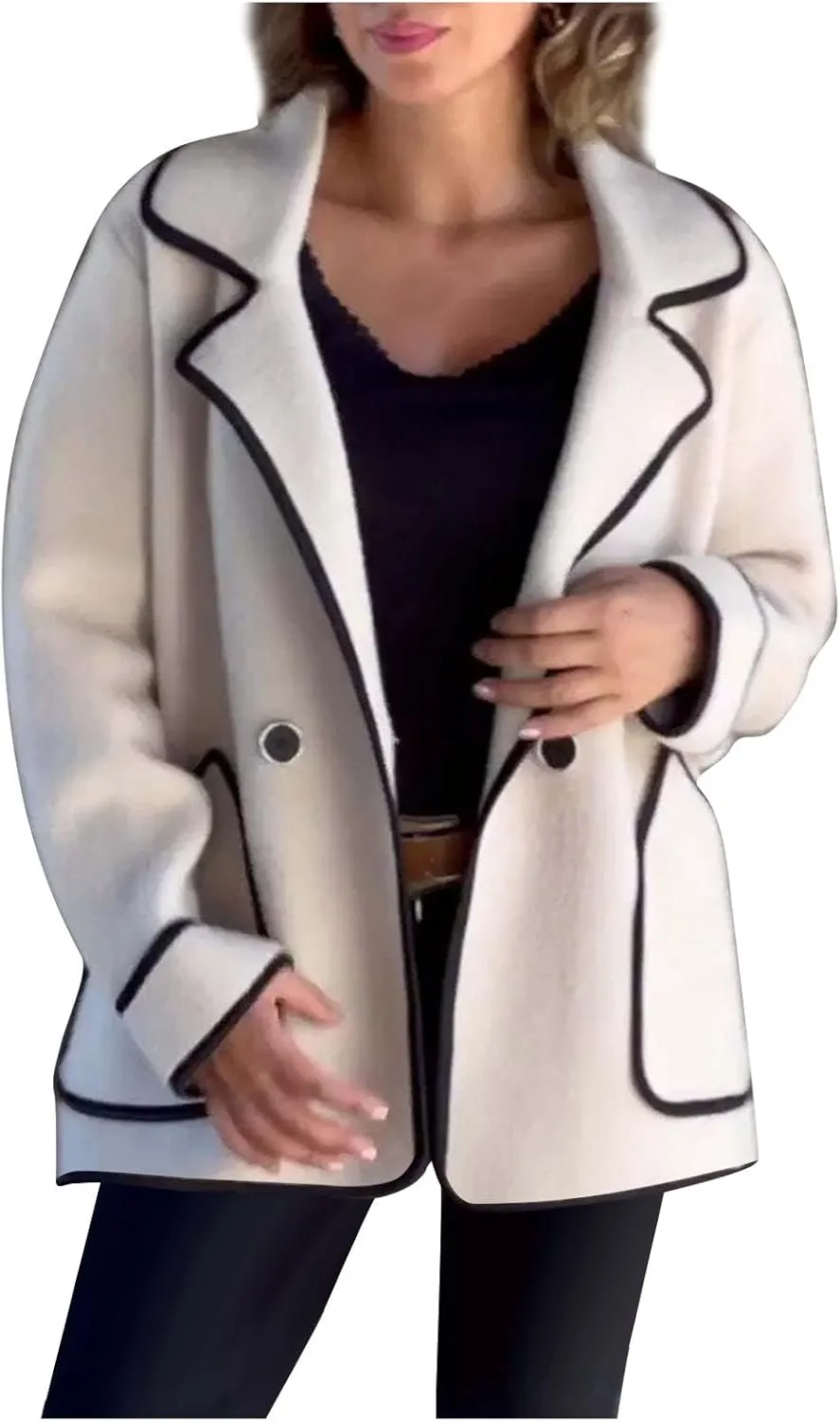 hlysgo Women's Peacoat Wool Blend Double Breasted Blazers Long Sleeve Casual Fall Jackets Spring Outwear with Pockets