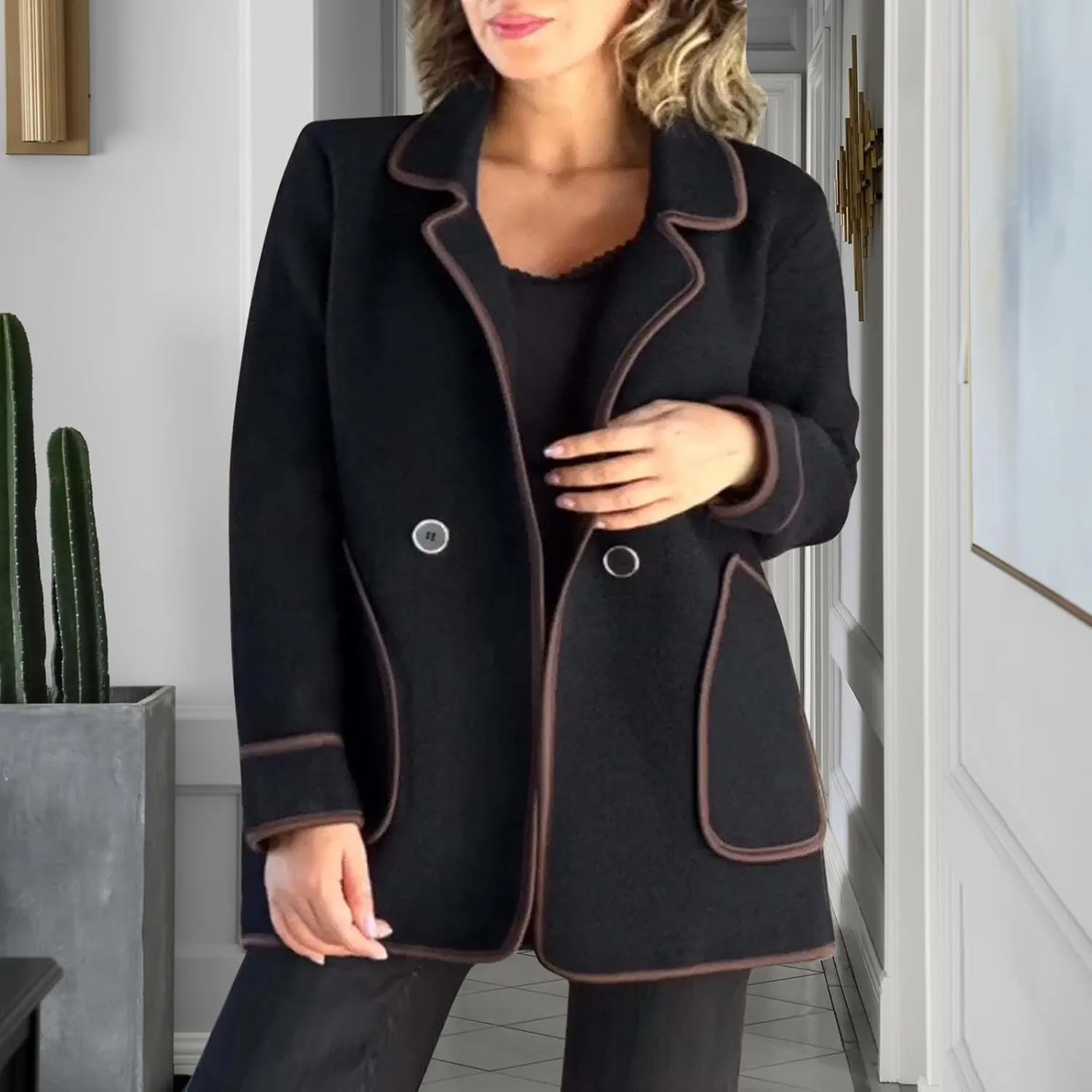 hlysgo Women's Peacoat Wool Blend Double Breasted Blazers Long Sleeve Casual Fall Jackets Spring Outwear with Pockets
