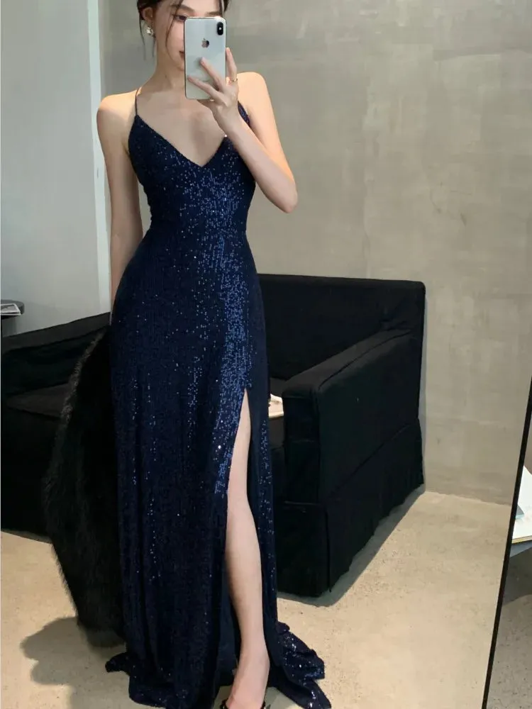 Hnzxzm Women's Backless V-Neck Split Maxi Dress Sexy Slim Evening Gown Luxury Dresses Fashion Robe Birthday Party Spring Autumn New