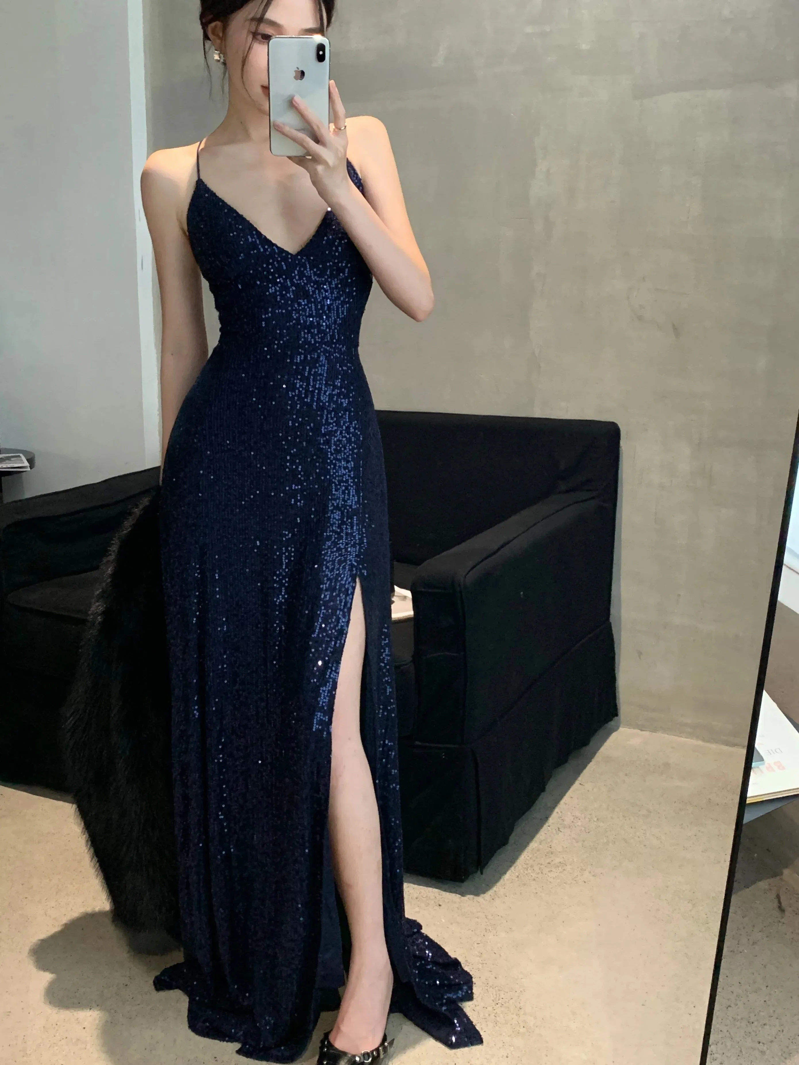Hnzxzm Women's Backless V-Neck Split Maxi Dress Sexy Slim Evening Gown Luxury Dresses Fashion Robe Birthday Party Spring Autumn New
