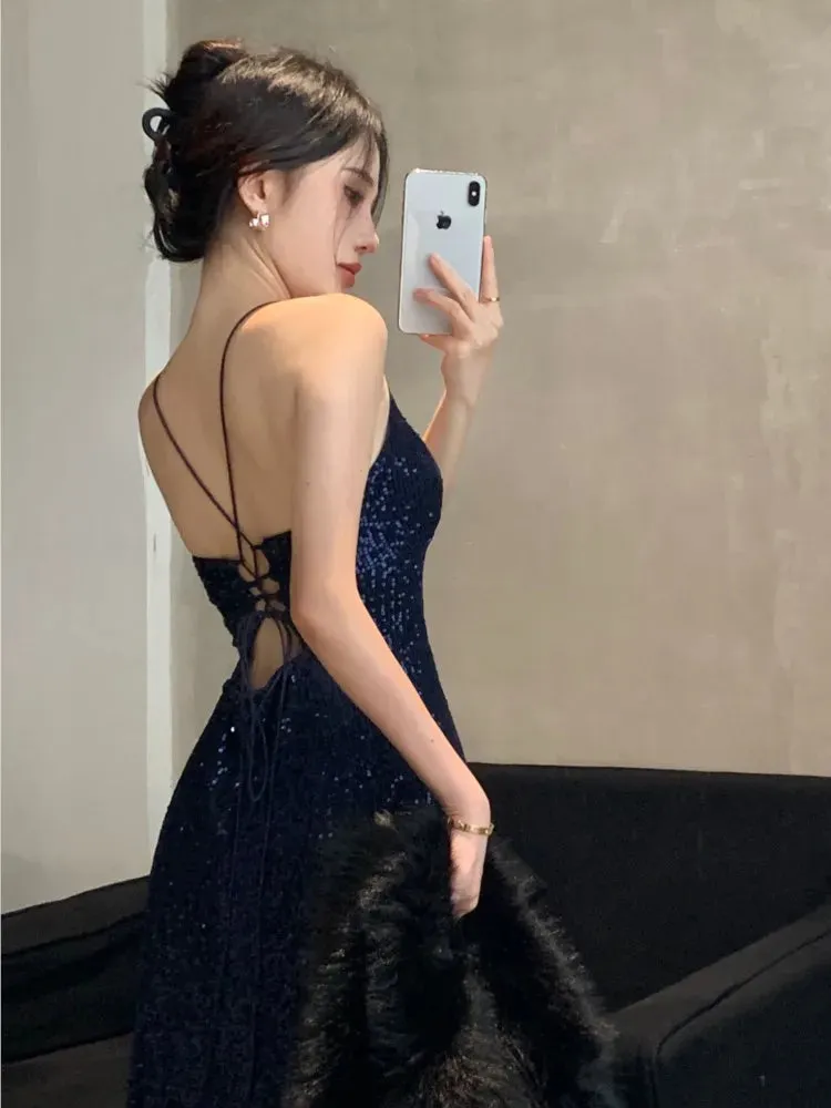 Hnzxzm Women's Backless V-Neck Split Maxi Dress Sexy Slim Evening Gown Luxury Dresses Fashion Robe Birthday Party Spring Autumn New