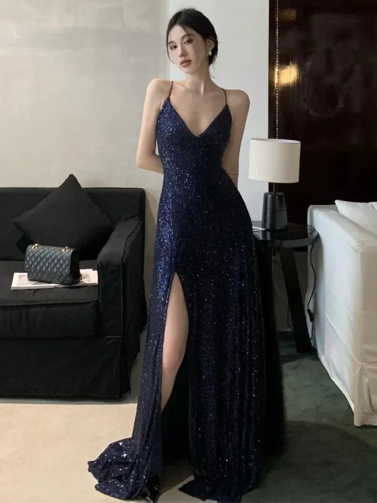 Hnzxzm Women's Backless V-Neck Split Maxi Dress Sexy Slim Evening Gown Luxury Dresses Fashion Robe Birthday Party Spring Autumn New