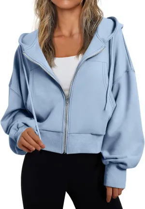 Hoodies for Women Full Zip Up Cropped Sweatshirts Jackets Casual Comfy Gym Tops Fall Outfits Winter Clothes