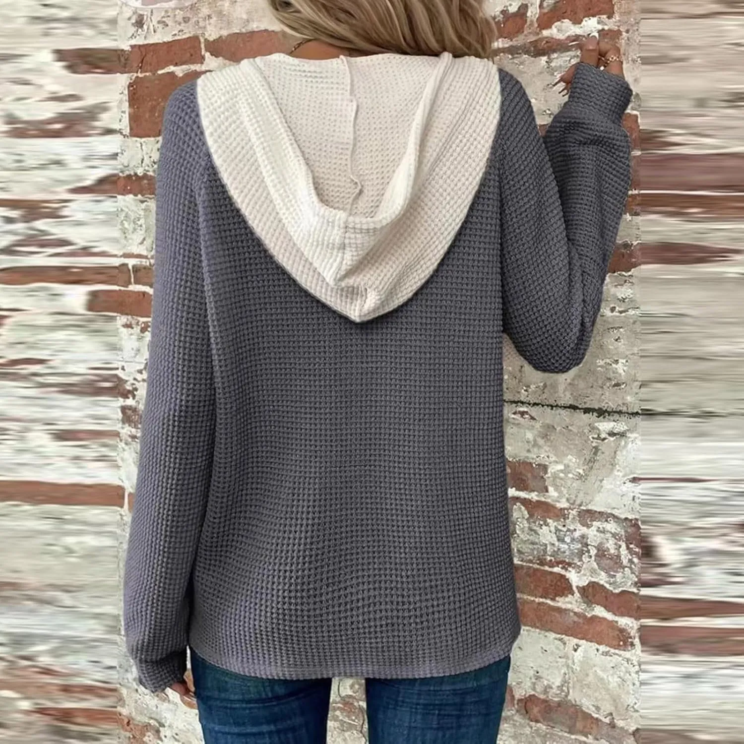 Hoodies for Women Waffle Knit Tops Long Sleeve Drawstring Button V Neck Sweatshirt 2025 Pullover Hooded Sweatshirt