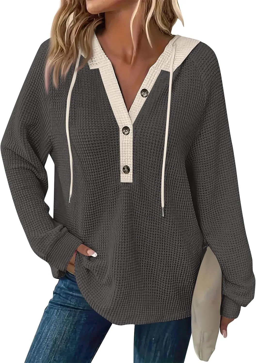Hoodies for Women Waffle Knit Tops Long Sleeve Drawstring Button V Neck Sweatshirt 2025 Pullover Hooded Sweatshirt