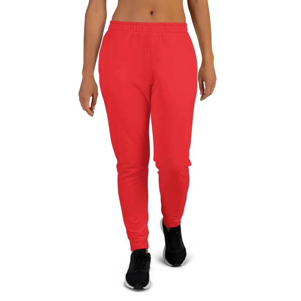 Hot Red Women's Joggers, Solid Color Print Designer Slim Fit Ladies' Sweatpants - Made in EU
