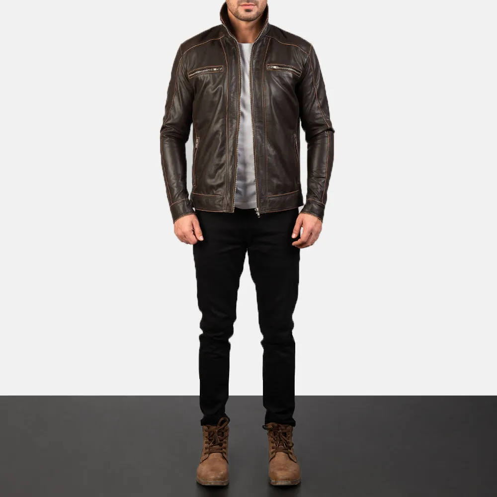 Hudson Brown Leather Biker Jacket Up to 5XL