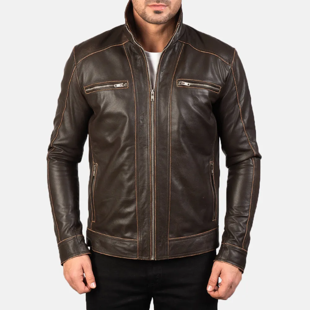 Hudson Brown Leather Biker Jacket Up to 5XL