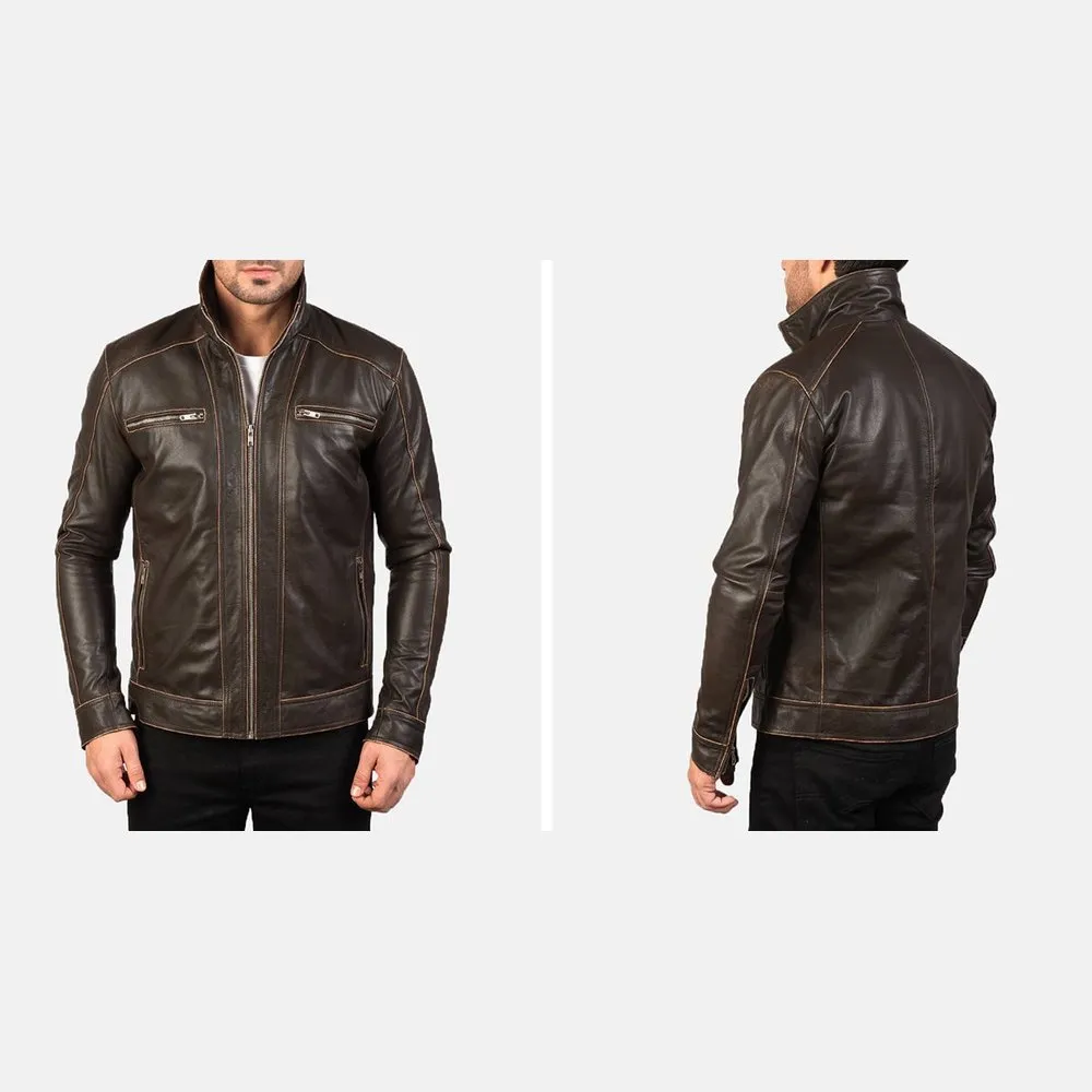 Hudson Brown Leather Biker Jacket Up to 5XL