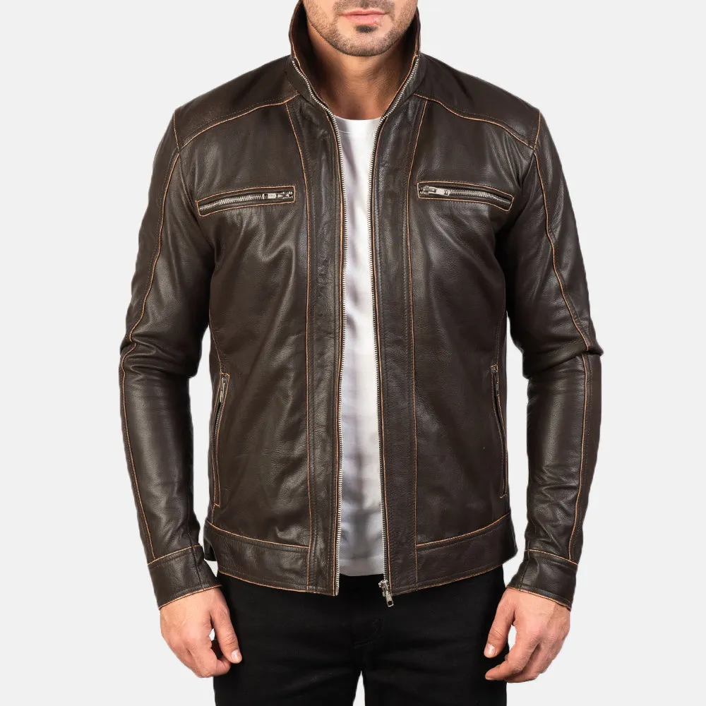 Hudson Brown Leather Biker Jacket Up to 5XL