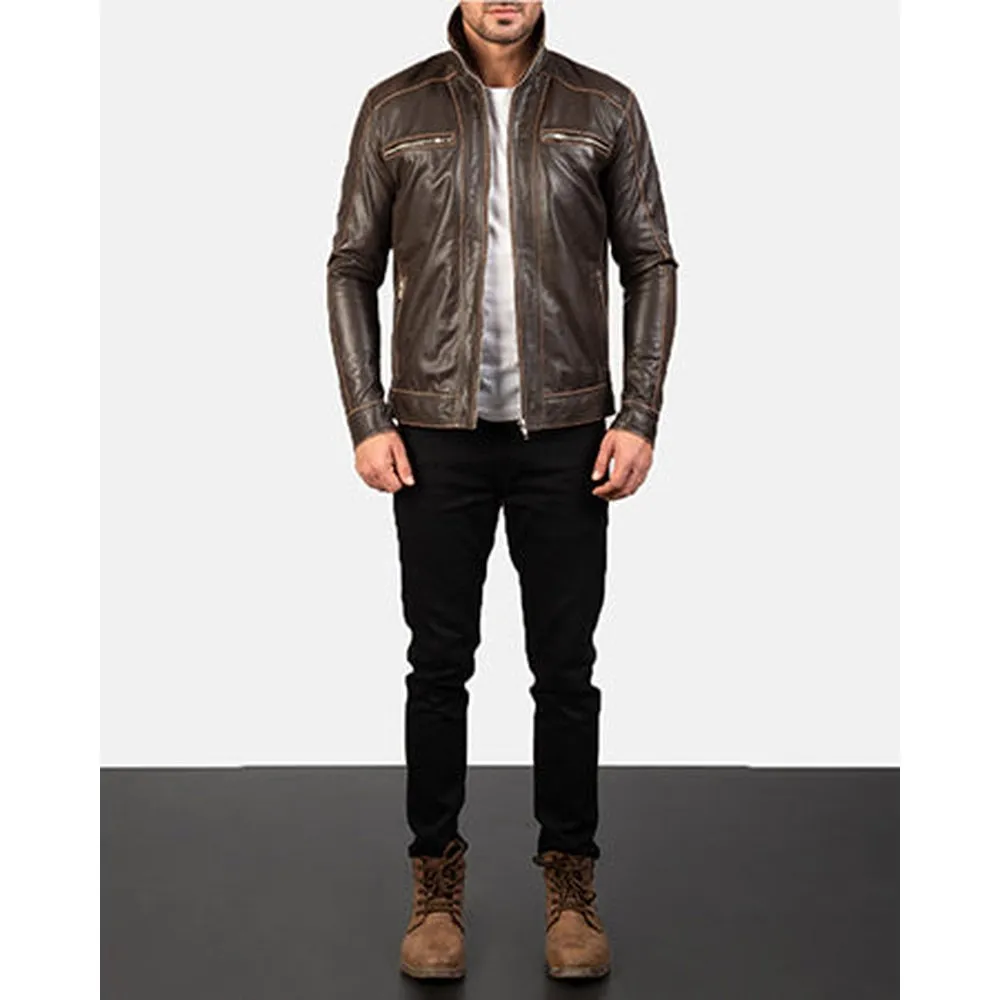 Hudson Brown Leather Biker Jacket Up to 5XL