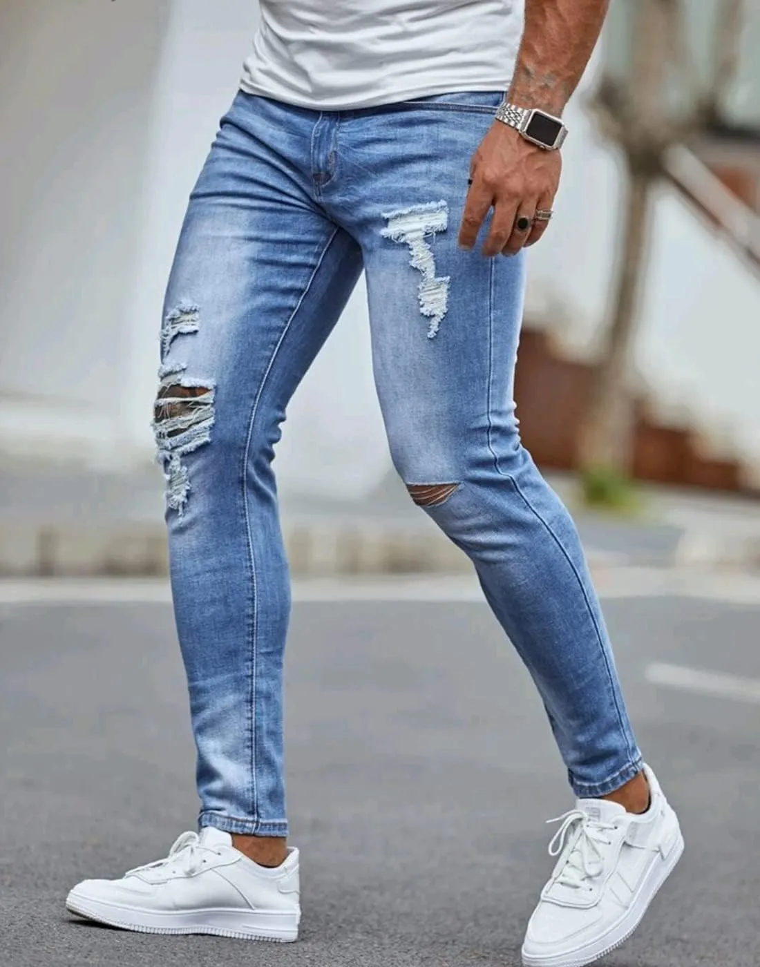 HUNGSON Men's Ripped Skinny Jeans Stretchy Slim Fit Jeans Pants for Men