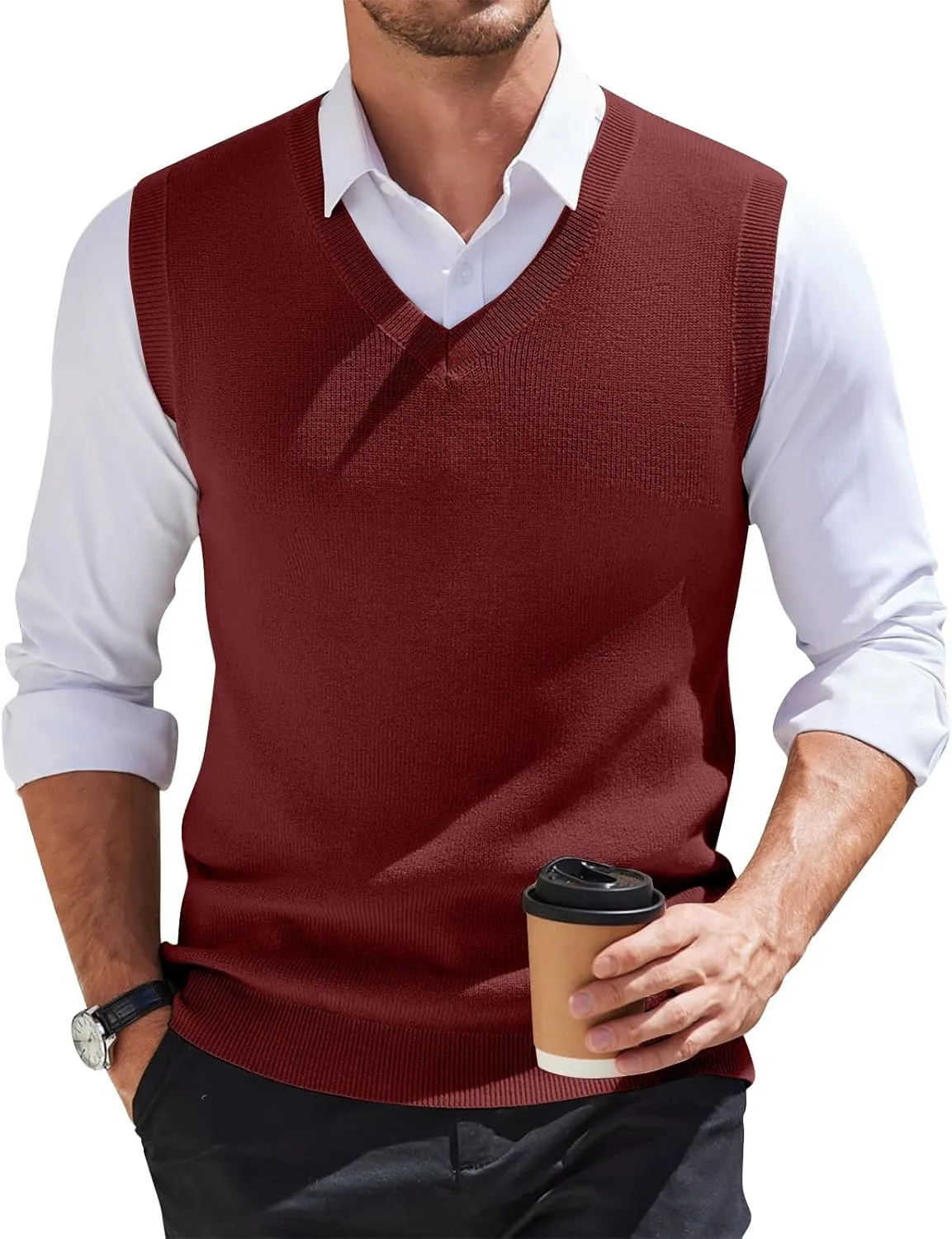 HXHYQKP Mens Sweater Vest Business Work V Neck Sleeveless Pullover Slim Fit Casual Knitwear Tops