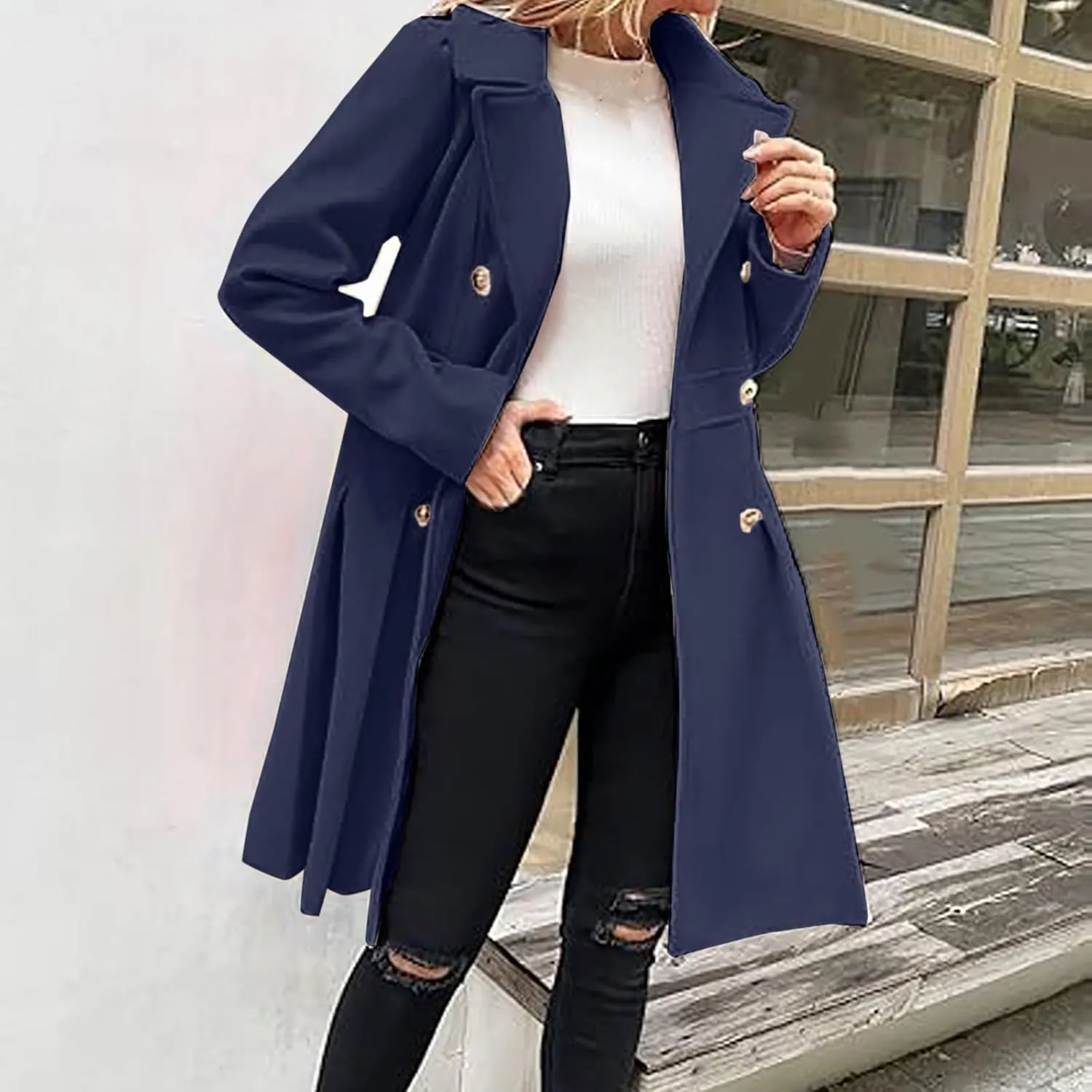 HXHYQKP Winter Coats for Women Breasted Trenchcoats Double Breasted Long Wool Pea Coat Notch Lapel Trench Coat