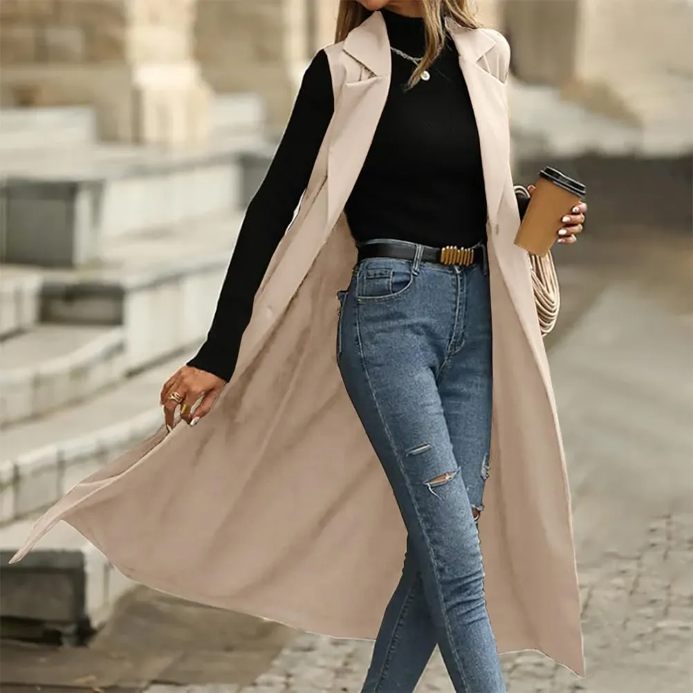 IDEALSANXUN Womens Long Vest Casual Double Breasted Sleeveless Trench Coat Jackets
