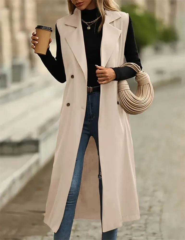 IDEALSANXUN Womens Long Vest Casual Double Breasted Sleeveless Trench Coat Jackets