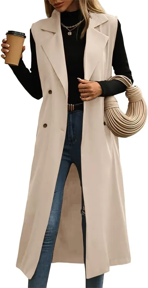IDEALSANXUN Womens Long Vest Casual Double Breasted Sleeveless Trench Coat Jackets