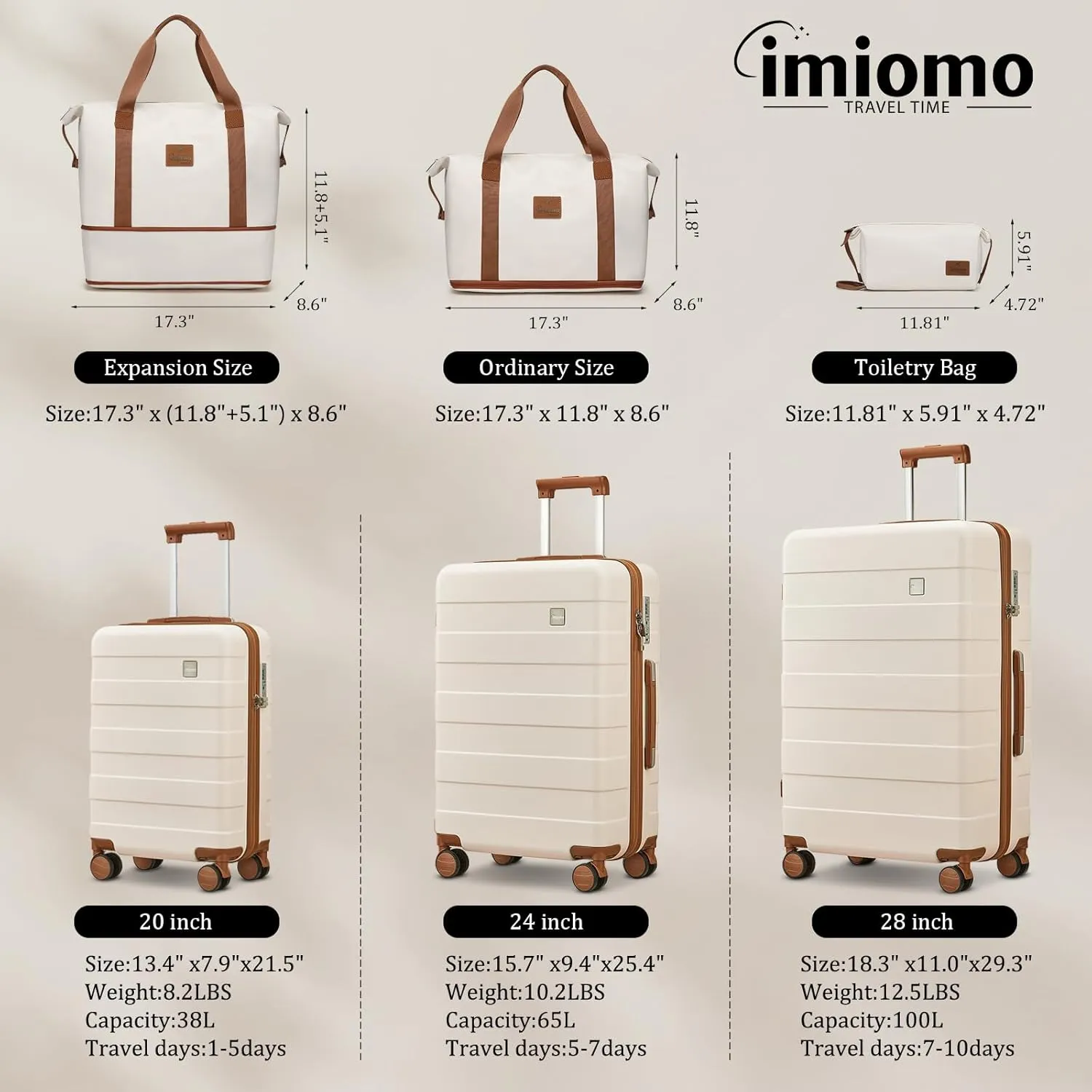 imiomo 24 IN Checked Luggage, Suitcase with Spinner Wheels, Hardside 3PCS Set Lightweight Rolling Travel Luggage with TSA Lock(24"/Beige)