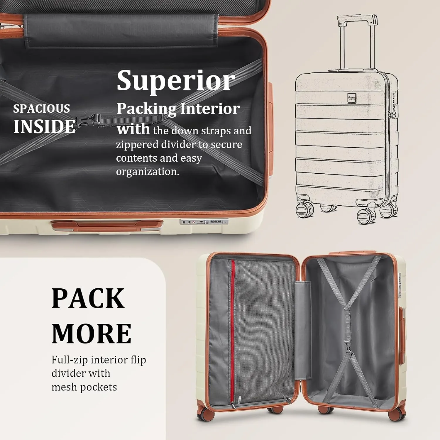 imiomo 24 IN Checked Luggage, Suitcase with Spinner Wheels, Hardside 3PCS Set Lightweight Rolling Travel Luggage with TSA Lock(24"/Beige)