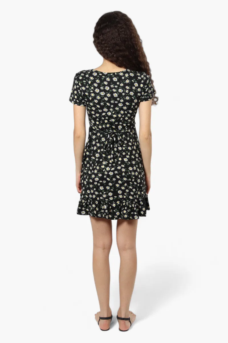 International INC Company Floral Belted Crossover Day Dress - Black