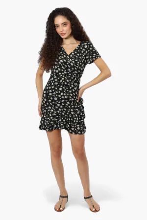 International INC Company Floral Belted Crossover Day Dress - Black