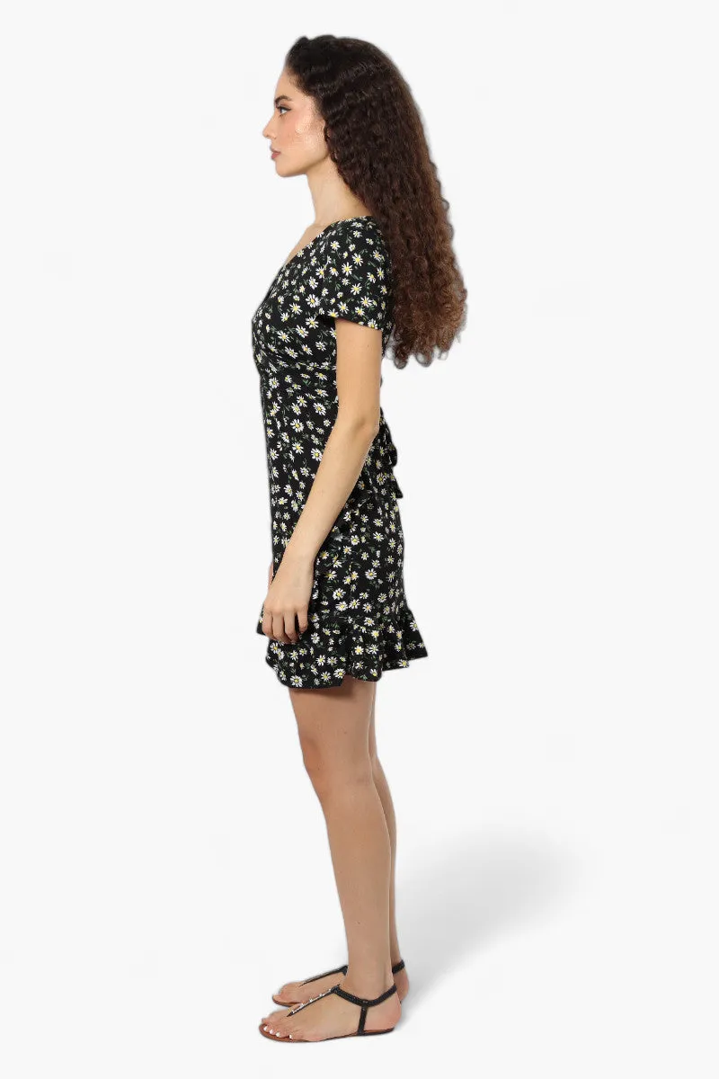 International INC Company Floral Belted Crossover Day Dress - Black
