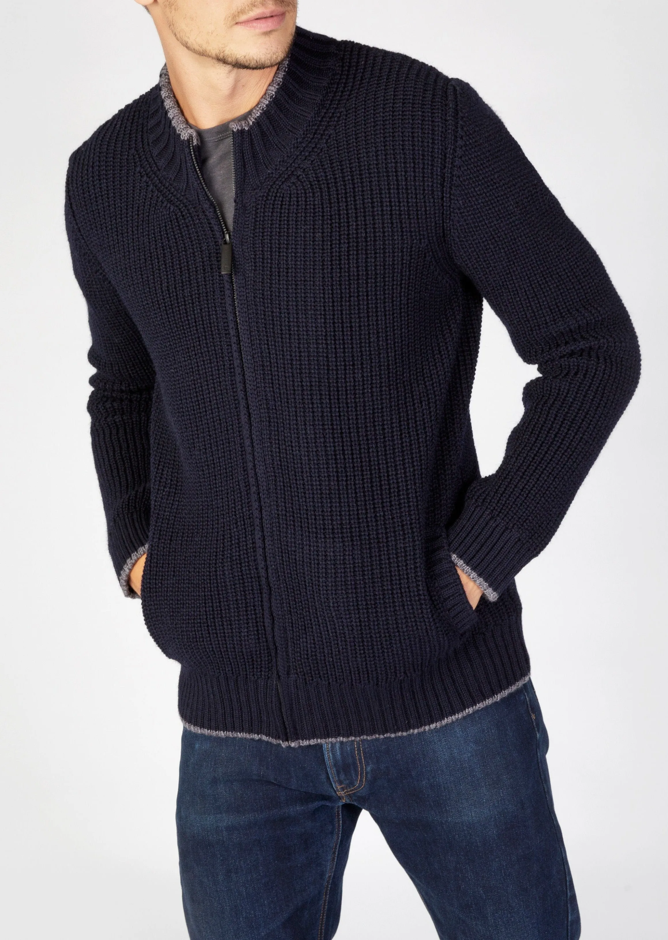 IrelandsEye Zipped Ribbed Cardigan | Navy