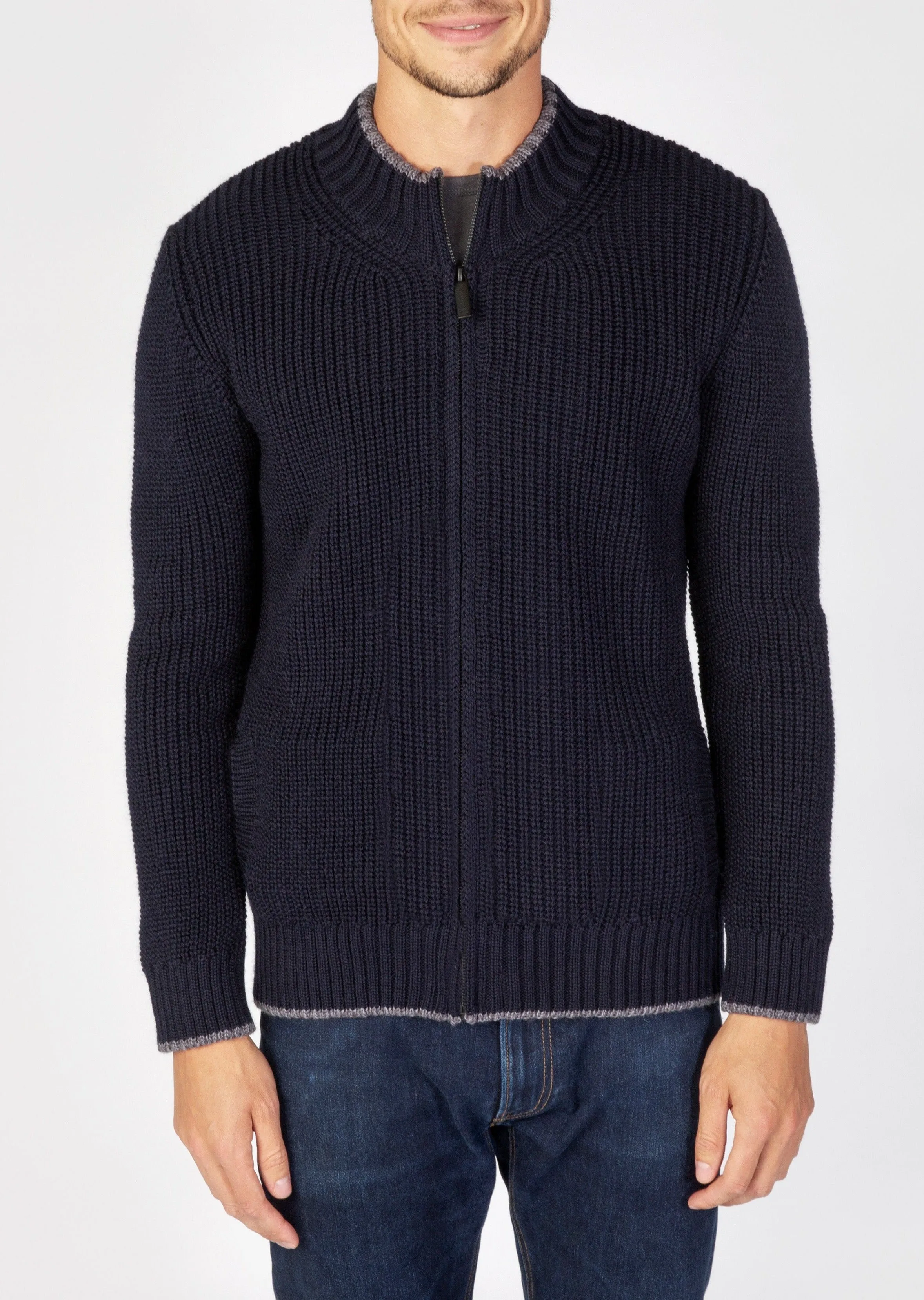 IrelandsEye Zipped Ribbed Cardigan | Navy