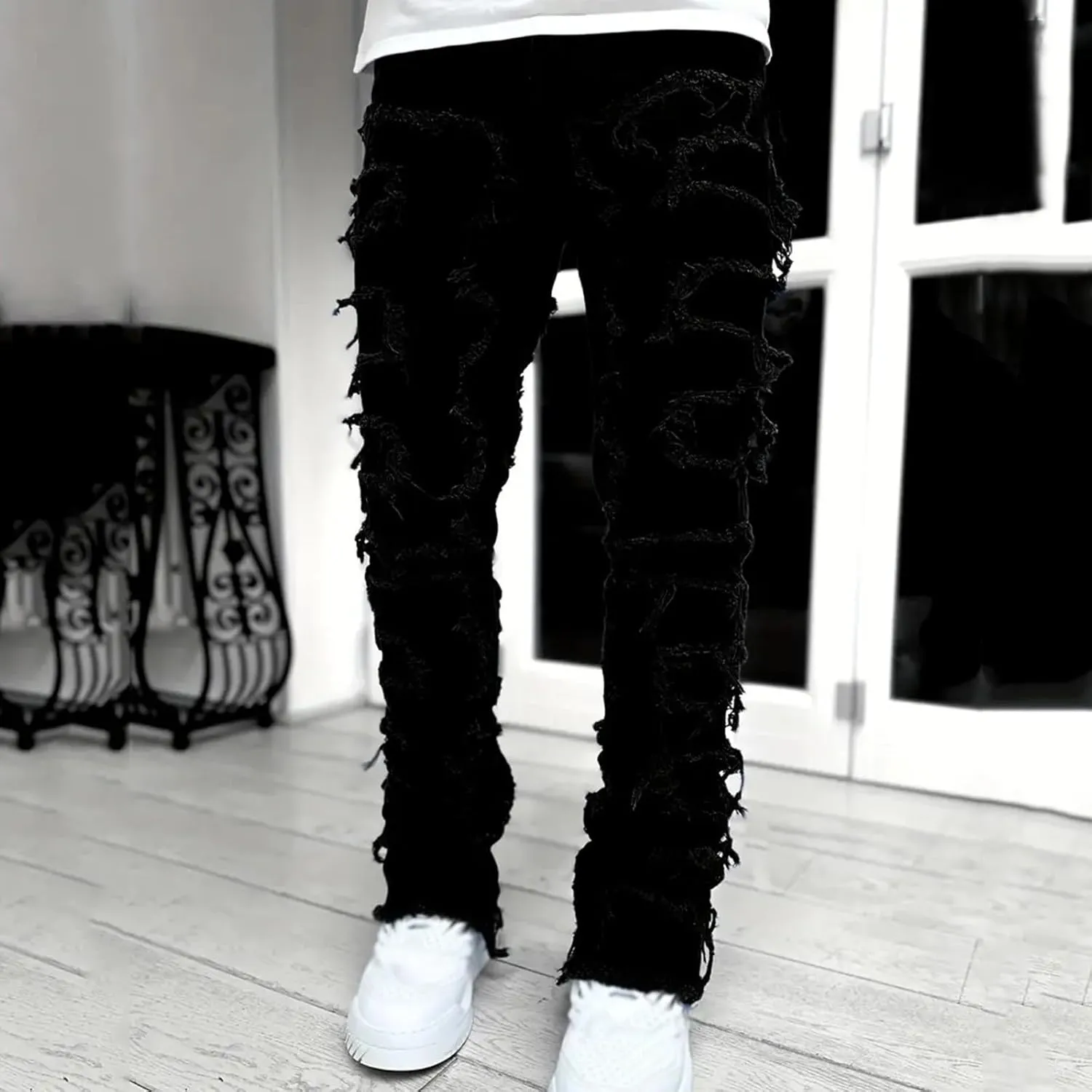 Jeans for Men Men's Y2K Ripped Distressed Destroyed Straight Fit Washed Denim Jeans