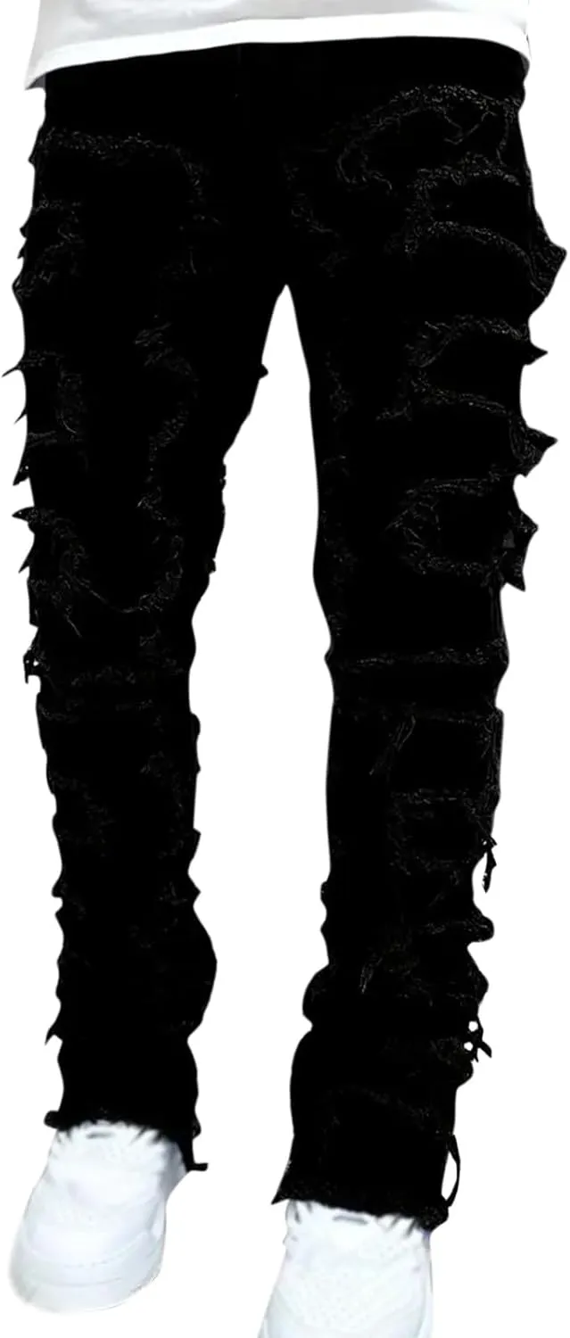 Jeans for Men Men's Y2K Ripped Distressed Destroyed Straight Fit Washed Denim Jeans