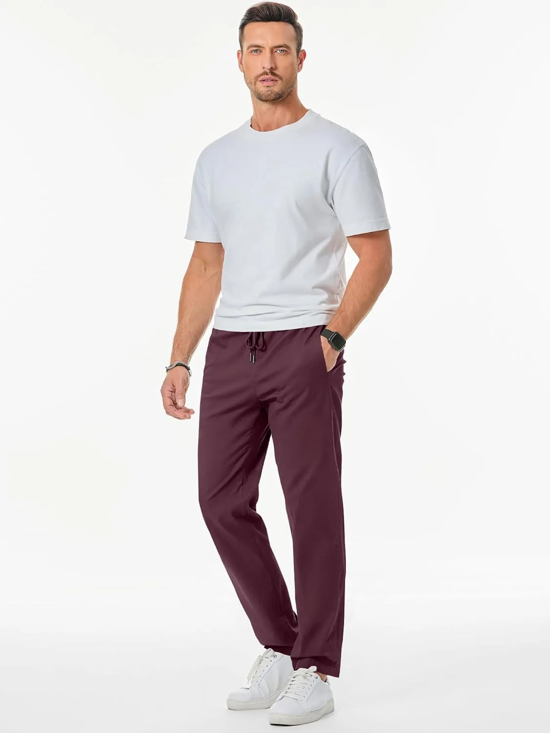 JMIERR Men's Casual Pants Cotton Twill Drawstring Elastic Waist Chino Pants with Pockets