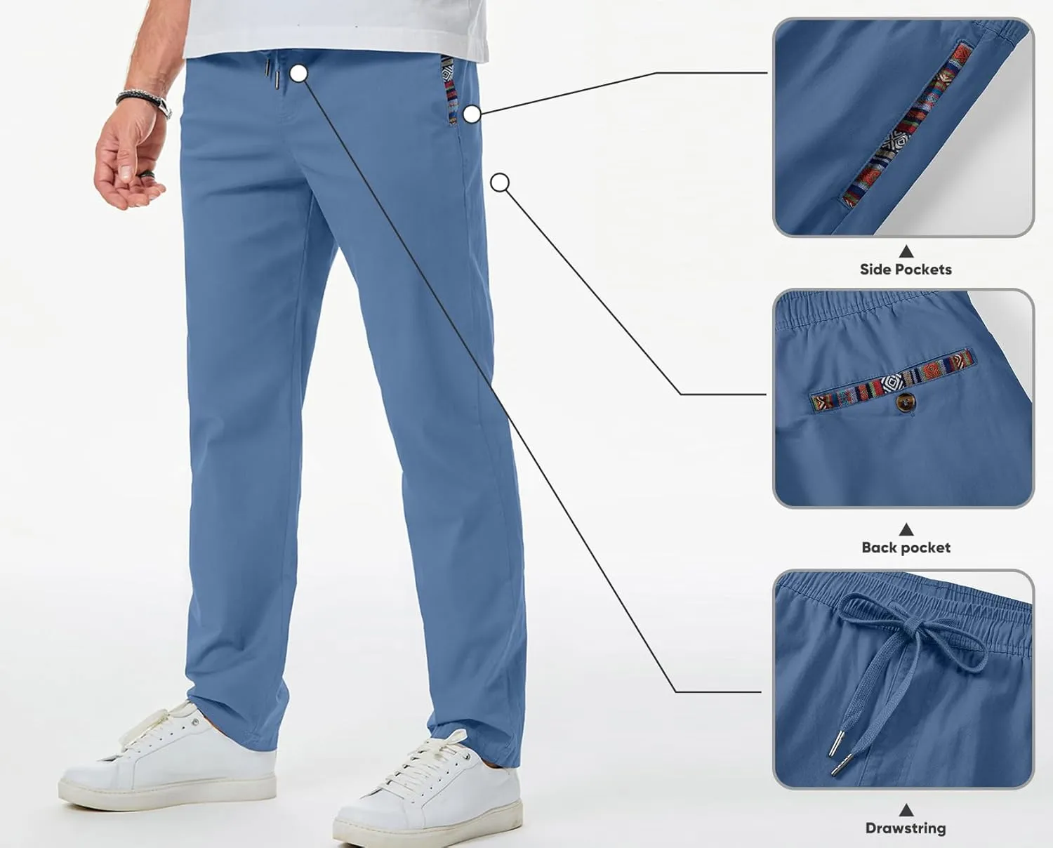 JMIERR Men's Casual Pants Cotton Twill Drawstring Elastic Waist Chino Pants with Pockets
