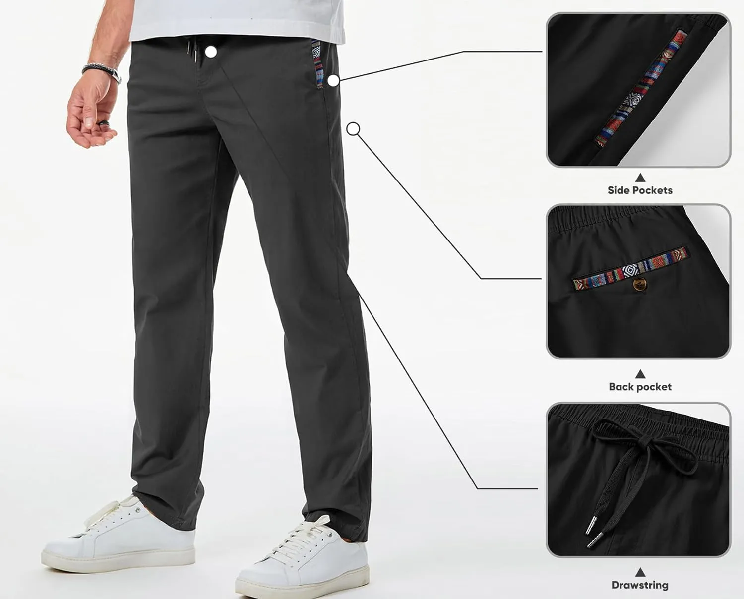 JMIERR Men's Casual Pants Cotton Twill Drawstring Elastic Waist Chino Pants with Pockets