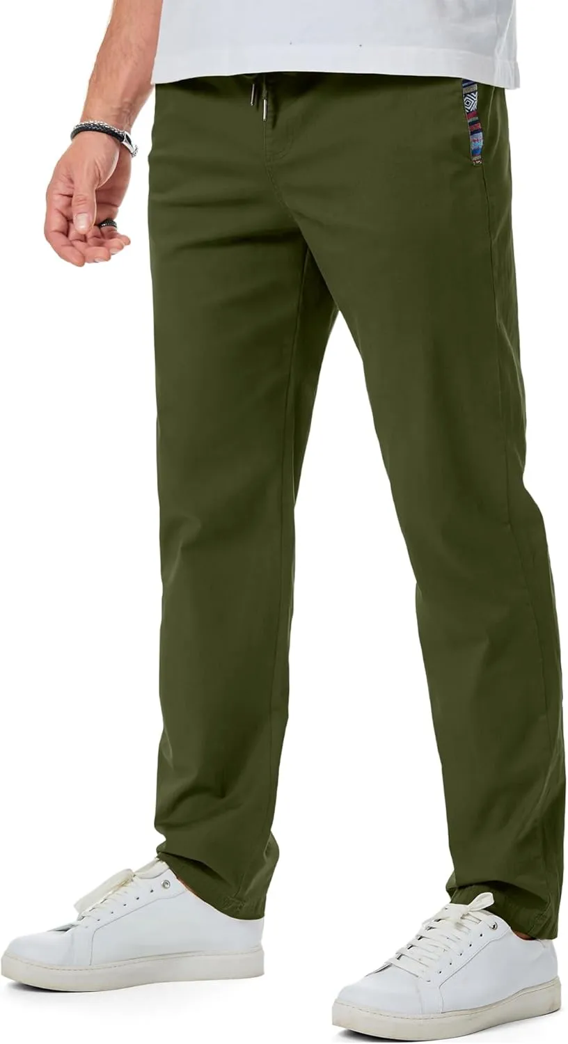 JMIERR Men's Casual Pants Cotton Twill Drawstring Elastic Waist Chino Pants with Pockets