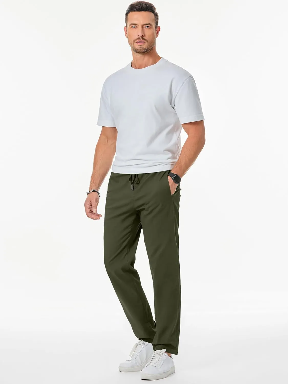 JMIERR Men's Casual Pants Cotton Twill Drawstring Elastic Waist Chino Pants with Pockets