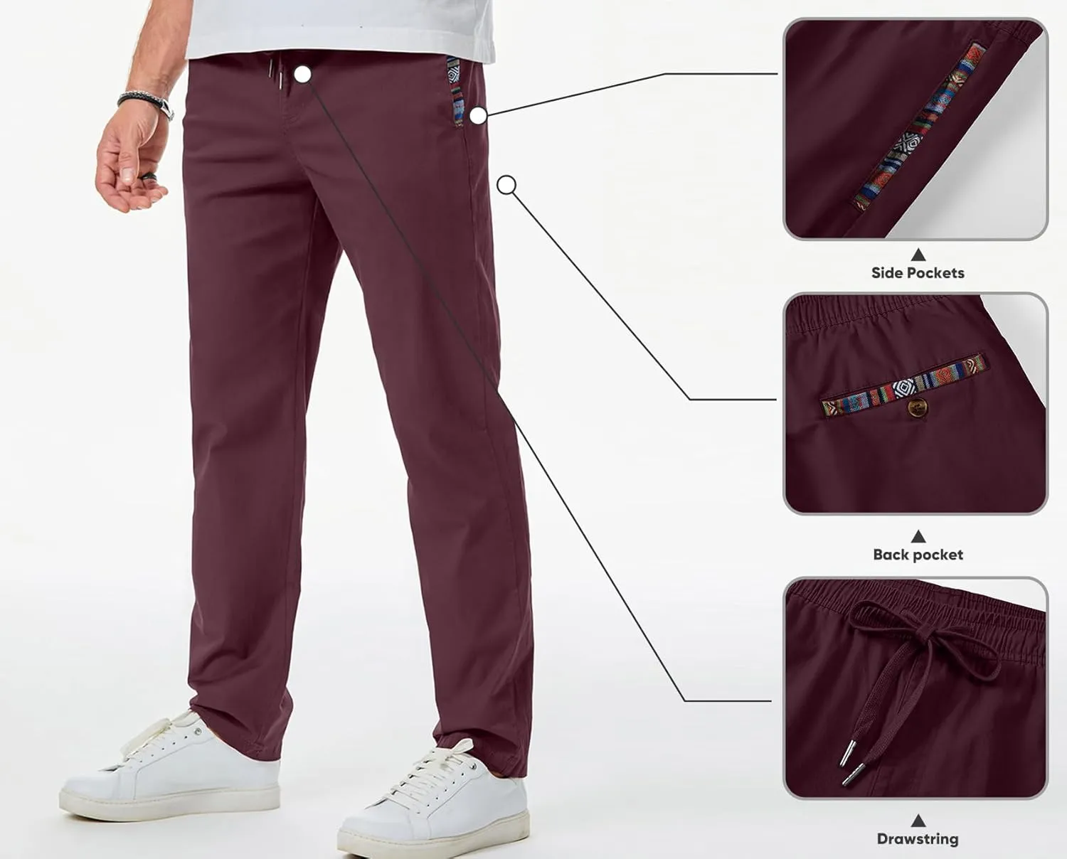 JMIERR Men's Casual Pants Cotton Twill Drawstring Elastic Waist Chino Pants with Pockets
