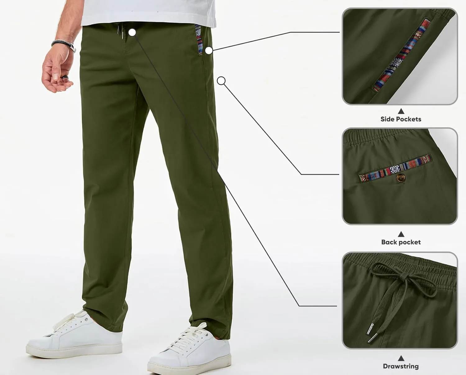 JMIERR Men's Casual Pants Cotton Twill Drawstring Elastic Waist Chino Pants with Pockets