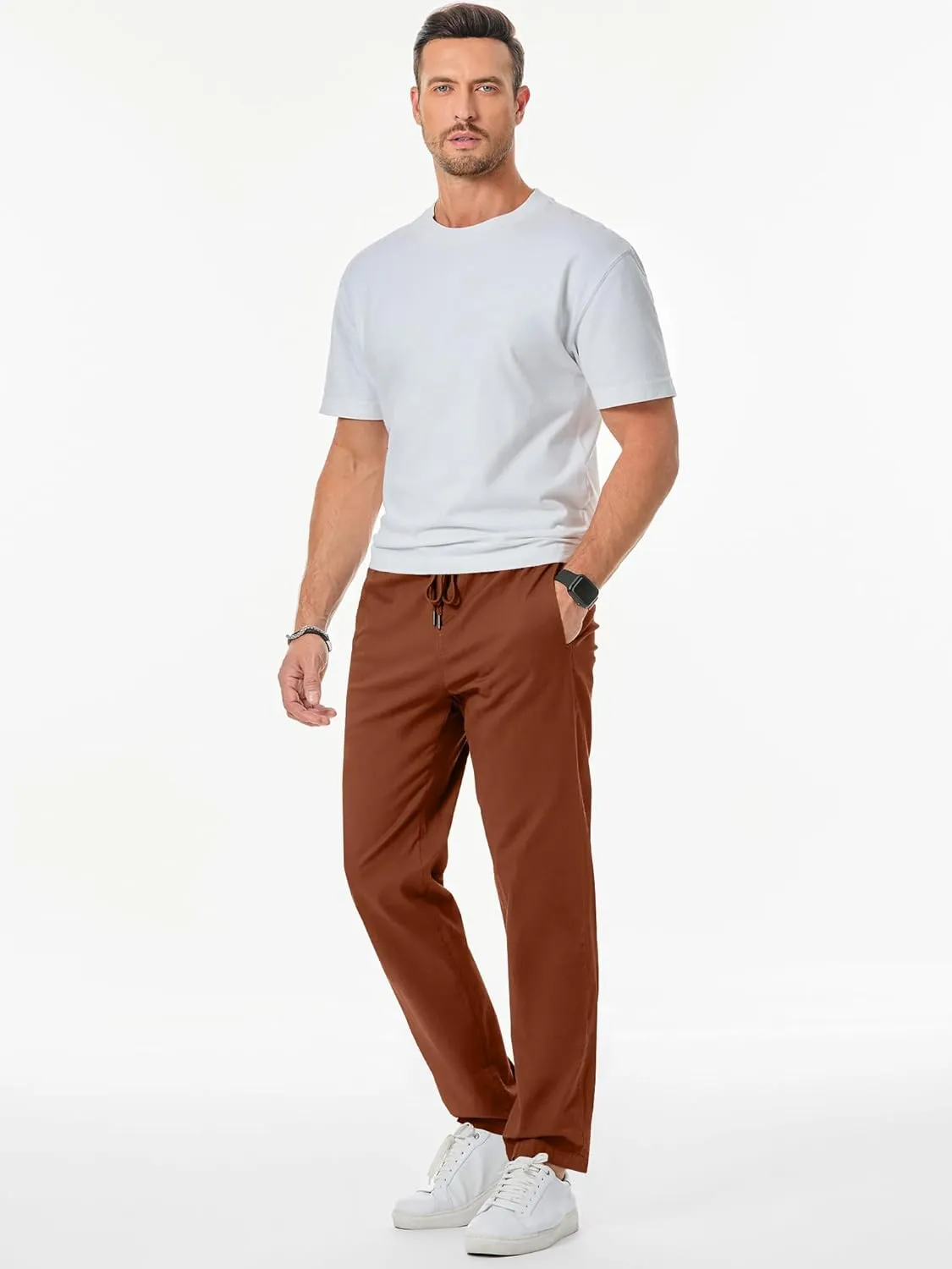 JMIERR Men's Casual Pants Cotton Twill Drawstring Elastic Waist Chino Pants with Pockets
