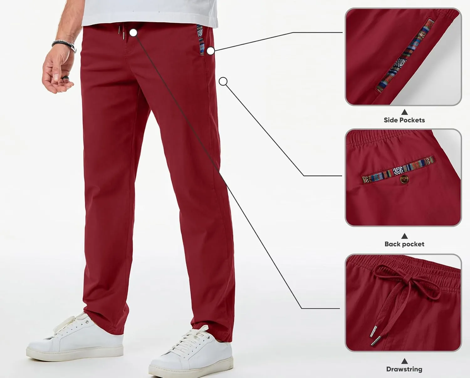 JMIERR Men's Casual Pants Cotton Twill Drawstring Elastic Waist Chino Pants with Pockets